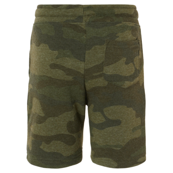 Independent Trading Co. Toddler Lightweight Special Blend Fleece Shorts, Forest Camo Heather, Back view