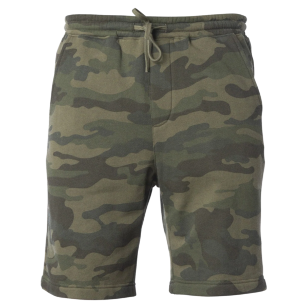 Independent Trading Co. Toddler Lightweight Special Blend Fleece Shorts, Forest Camo Heather, Front view