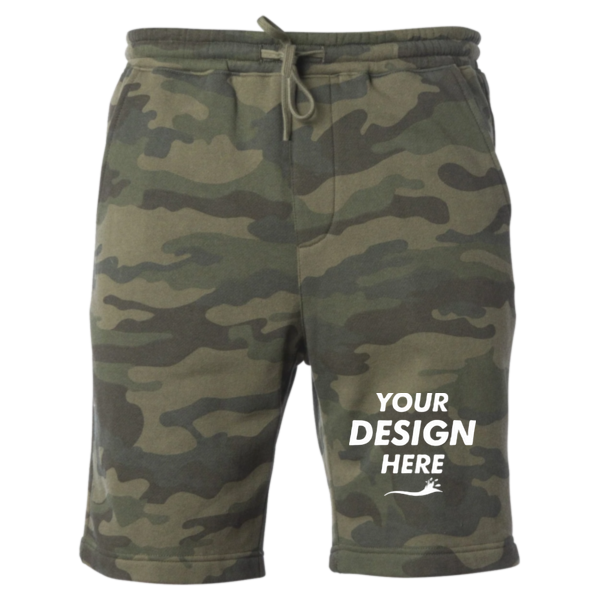 Independent Trading Co. Toddler Lightweight Special Blend Fleece Shorts, Forest Camo Heather, Front view, Mockup