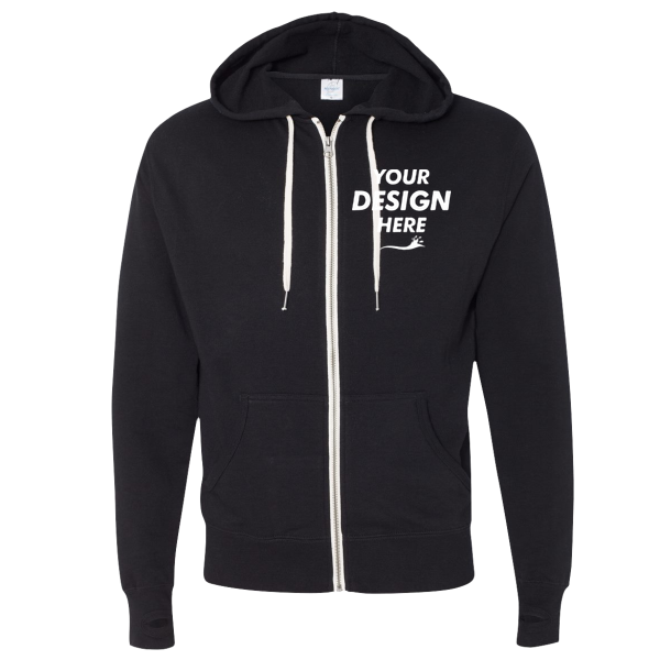 Independent Trading Co. Unisex Heathered French Terry Full-Zip Hooded Sweatshirt, Black / Black, Front view, Mockup