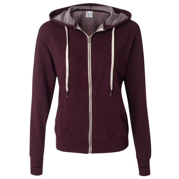 Independent Trading Co. Unisex Heathered French Terry Full-Zip Hooded Sweatshirt, Burgundy Heather / Burgundy Heather, Front view
