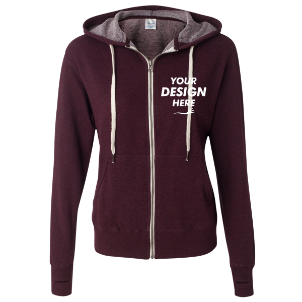 Independent Trading Co. Unisex Heathered French Terry Full-Zip Hooded Sweatshirt, Burgundy Heather / Burgundy Heather, Front view, Mockup