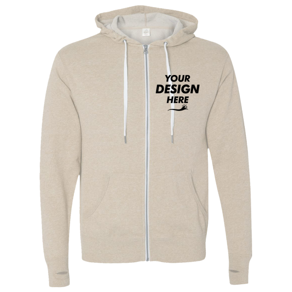 Independent Trading Co. Unisex Heathered French Terry Full-Zip Hooded Sweatshirt, Oatmeal Heather / Oatmeal Heather, Front view, Mockup