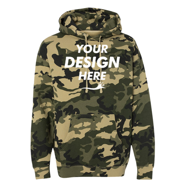 Independent Trading Co. Unisex Heavyweight Hooded Sweatshirt, Army Camo / Army Camo, Front view, Mockup