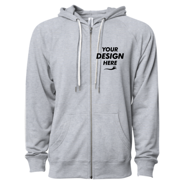 Independent Trading Co. Unisex Icon Lightweight Loopback Terry Full-Zip Hooded Sweatshirt, Athletic Heather, Front view, Mockup