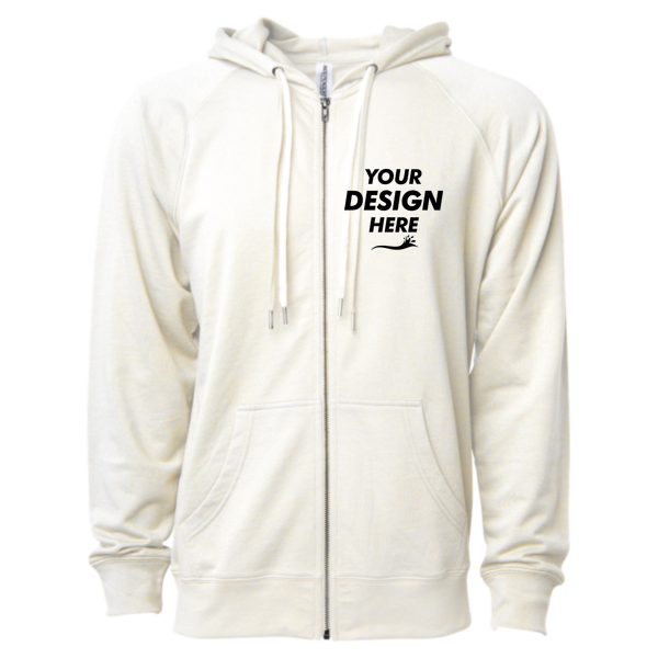Independent Trading Co. Unisex Icon Lightweight Loopback Terry Full-Zip Hooded Sweatshirt, Bone, Front view, Mockup