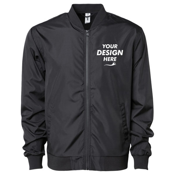 Independent Trading Co. Unisex Lightweight Bomber Jacket, Black / Black, Front view, Mockup