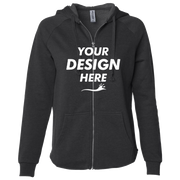 Independent Trading Co. Women's California Wave Wash Full-Zip Hooded Sweatshirt, Black, Front view, Mockup
