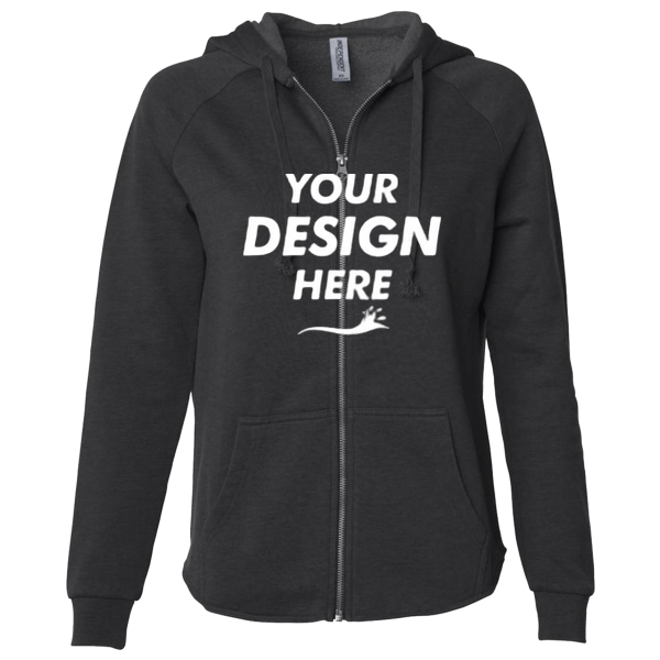Independent Trading Co. Women's California Wave Wash Full-Zip Hooded Sweatshirt, Black, Front view, Mockup