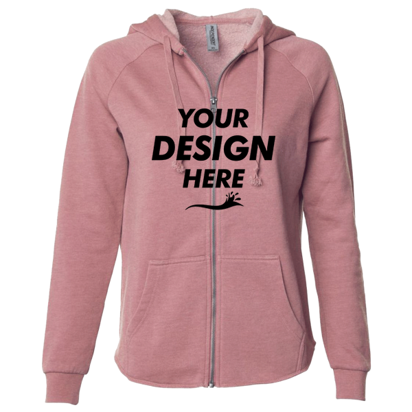 Independent Trading Co. Women's California Wave Wash Full-Zip Hooded Sweatshirt, Dusty Rose, Front view, Mockup