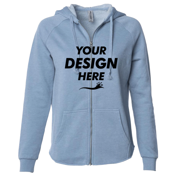 Independent Trading Co. Women's California Wave Wash Full-Zip Hooded Sweatshirt, Misty Blue, Front view, Mockup