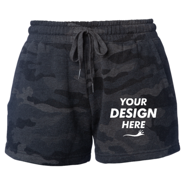 Independent Trading Co. Women’s Lightweight California Wave Wash Fleece Shorts, Black Camo Heather, Front view, Mockup