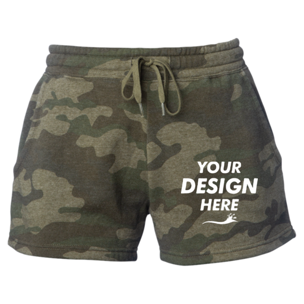 Independent Trading Co. Women’s Lightweight California Wave Wash Fleece Shorts, Forest Camo Heather, Front view, Mockup