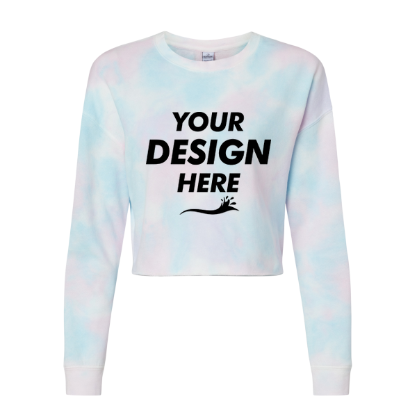 Independent Trading Co. Women's Lightweight Crop Crewneck Sweatshirt, Tie Dye Cotton Candy, Front view, Mockup