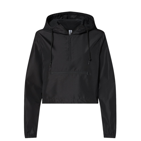 Independent Trading Co. Women's Lightweight Quarter-Zip Pullover Crop Windbreaker, Black / Black, Front view
