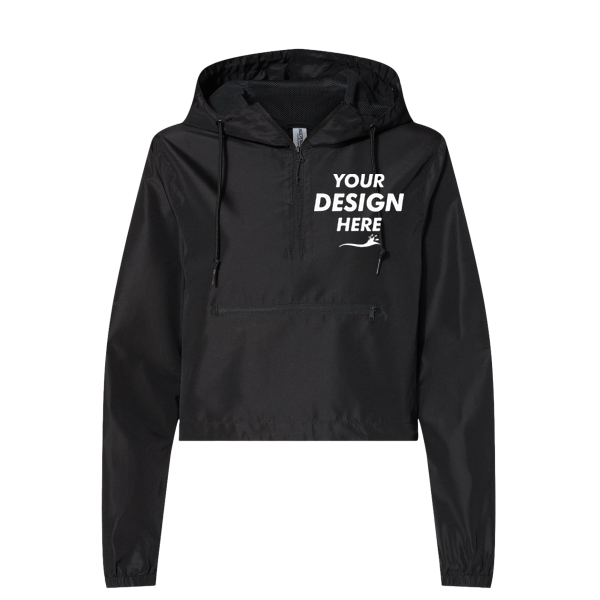 Independent Trading Co. Women's Lightweight Quarter-Zip Pullover Crop Windbreaker, Black / Black, Front view, Mockup