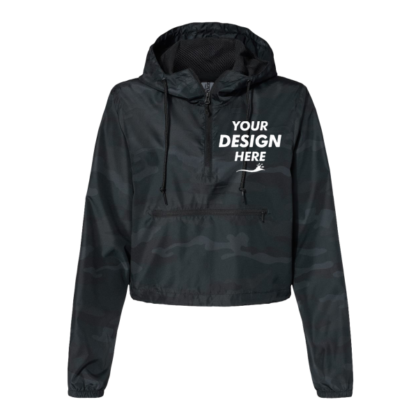 Independent Trading Co. Women's Lightweight Quarter-Zip Pullover Crop Windbreaker, Black Camo / Black Camo, Front view, Mockup
