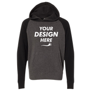 Independent Trading Co. Youth Lightweight Special Blend Raglan Hooded Sweatshirt, Carbon / Black, Front view, Mockup