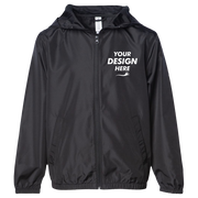 Independent Trading Co. Youth Lightweight Windbreaker Full-Zip Jacket, Black / Black, Front view, Mockup