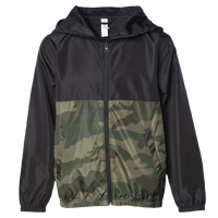 Independent Trading Co. Youth Lightweight Windbreaker Full-Zip Jacket, Black / Forest Camo, Front view