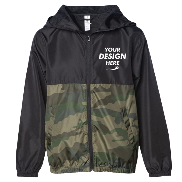 Independent Trading Co. Youth Lightweight Windbreaker Full-Zip Jacket, Black / Forest Camo, Front view, Mockup