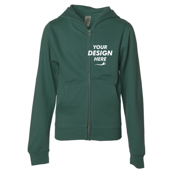 Independent Trading Co. Youth Midweight Full-Zip Hooded Sweatshirt, Alpine Green, Front view, Mockup