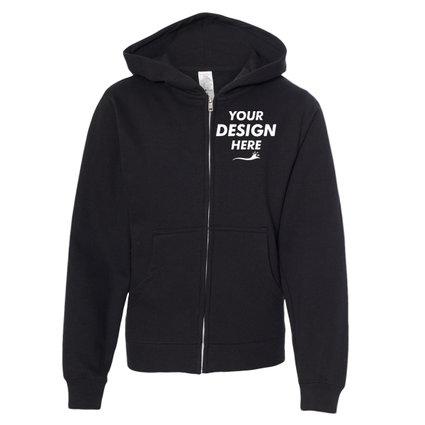 Independent Trading Co. Youth Midweight Full-Zip Hooded Sweatshirt, Black, Front view, Mockup