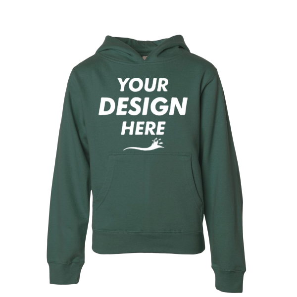 Independent Trading Co. Youth Midweight Hooded Sweatshirt, Alpine Green, Front view, Mockup