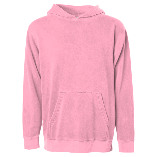 Independent Trading Co. Youth Midweight Pigment-Dyed Hooded Sweatshirt, Pigment Pink, Front view