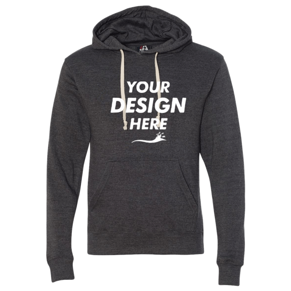 J. America Men's Triblend Fleece Hooded Sweatshirt, Black Triblend, Front view, Mockup