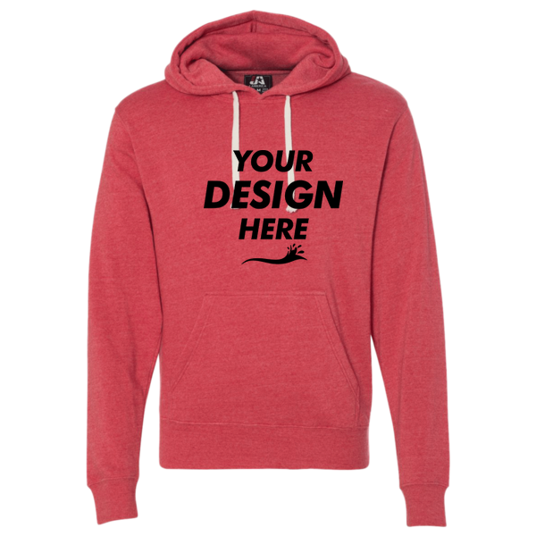 J. America Men's Triblend Fleece Hooded Sweatshirt, Red Triblend, Front view, Mockup