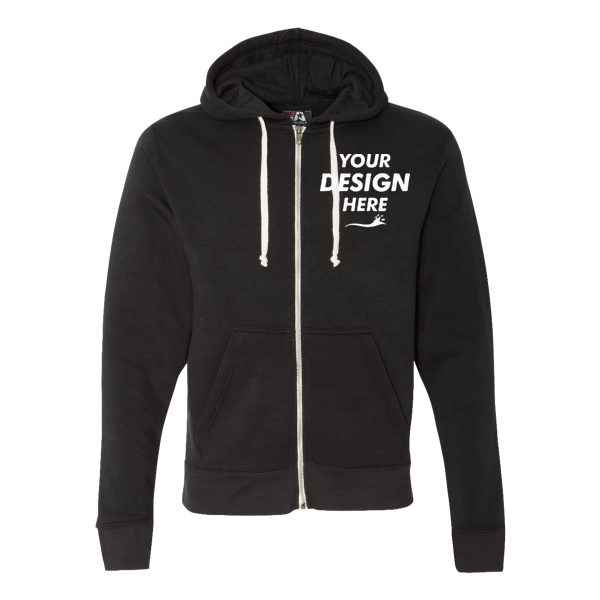 J. America Men's Triblend Full-Zip Hooded Sweatshirt, Black Solid, Front view, Mockup