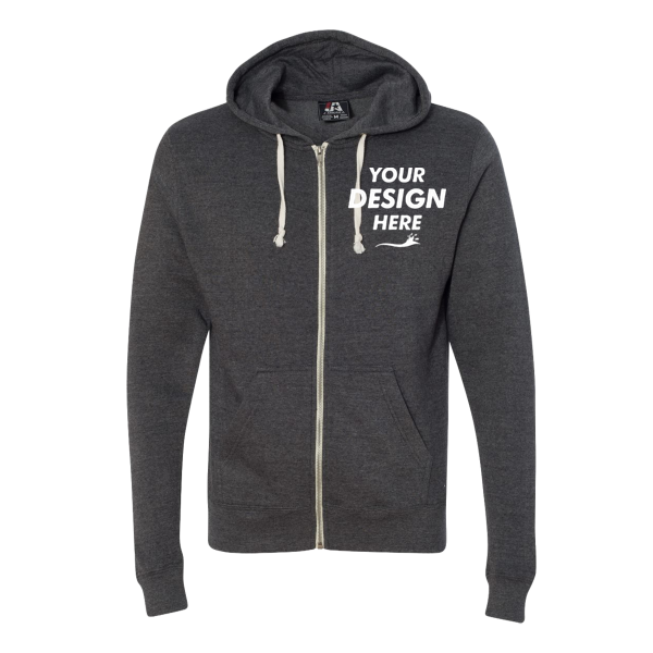 J. America Men's Triblend Full-Zip Hooded Sweatshirt, Black Triblend, Front view, Mockup