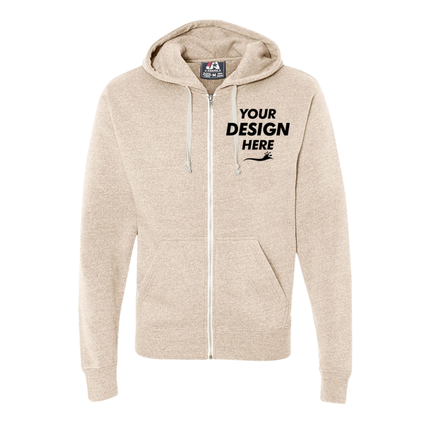 J. America Men's Triblend Full-Zip Hooded Sweatshirt, Oatmeal Triblend, Front view, Mockup