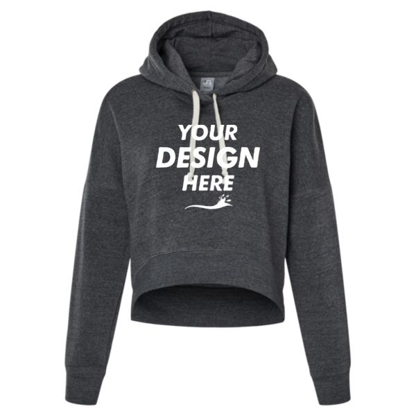 J. America Women's Crop Hooded Sweatshirt, Black Triblend, Front view, Mockup