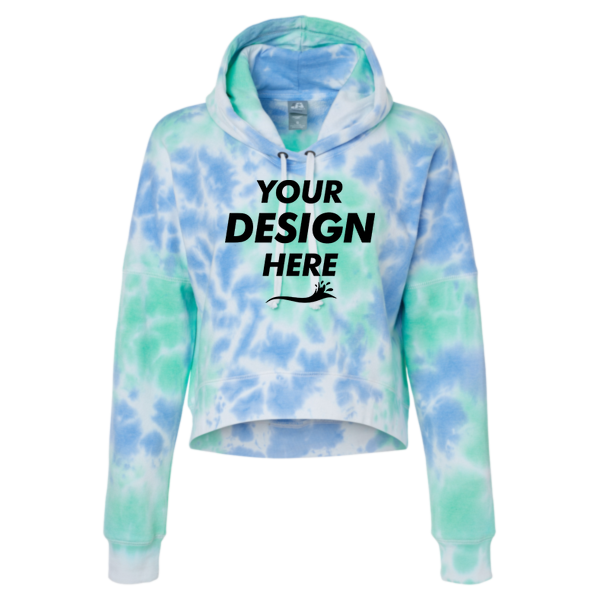 J. America Women's Crop Hooded Sweatshirt, Lagoon Tie Dye, Front view, Mockup
