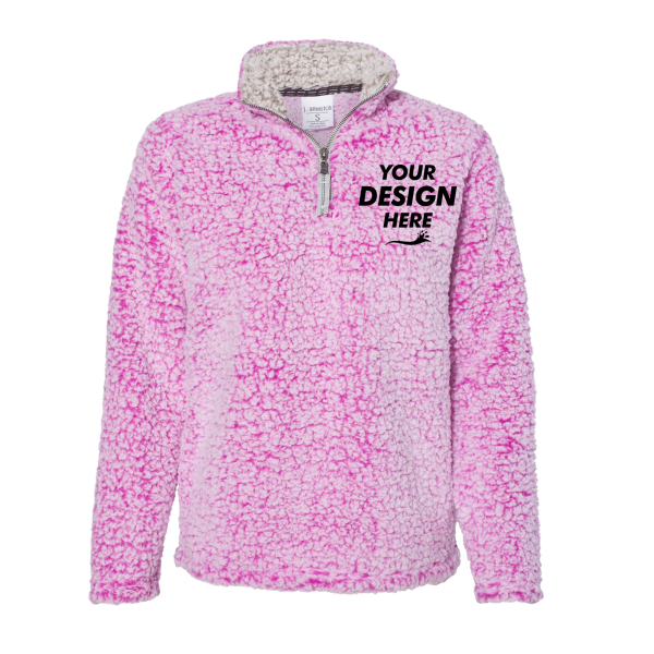J. America Women’s Epic Sherpa Quarter-Zip Pullover, Magenta Heather / Magenta Heather, Front view, Mockup