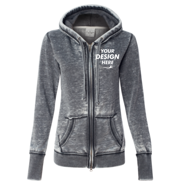 J. America Women's Zen Fleece Full-Zip Hooded Sweatshirt, Dark Smoke, Front view, Mockup