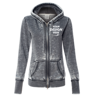 J. America Women's Zen Fleece Full-Zip Hooded Sweatshirt, Dark Smoke, Front view, Mockup