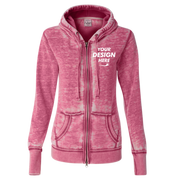 J. America Women's Zen Fleece Full-Zip Hooded Sweatshirt, Wildberry, Front view, Mockup