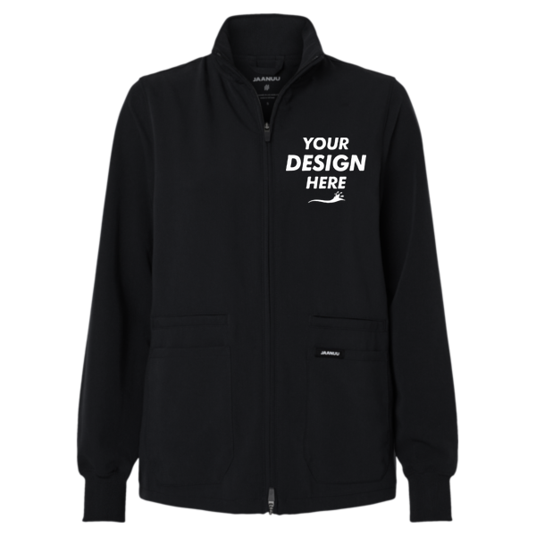 Jaanuu Women's Ceri Essential Full-Zip 6-Pocket Scrub Jacket, Black, Front view, Mockup