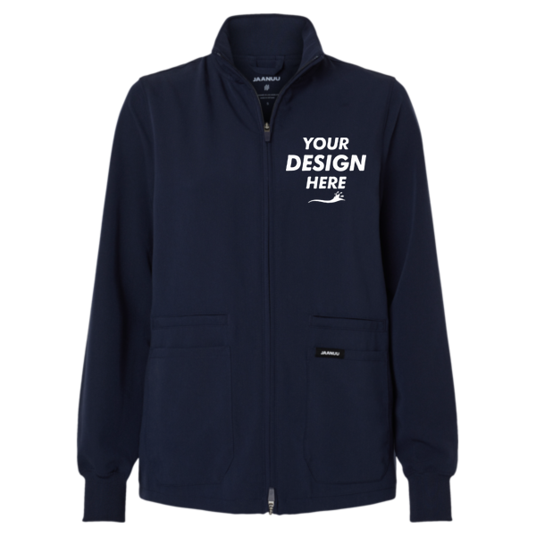 Jaanuu Women's Ceri Essential Full-Zip 6-Pocket Scrub Jacket, Midnight Navy, Front view, Mockup