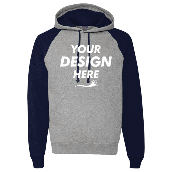 Jerzees Unisex Nublend® Colorblocked Raglan Hooded Sweatshirt, Oxford / J. Navy, Front view, Mockup