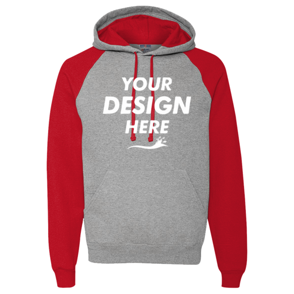 Jerzees Unisex Nublend® Colorblocked Raglan Hooded Sweatshirt, Oxford / True Red, Front view, Mockup
