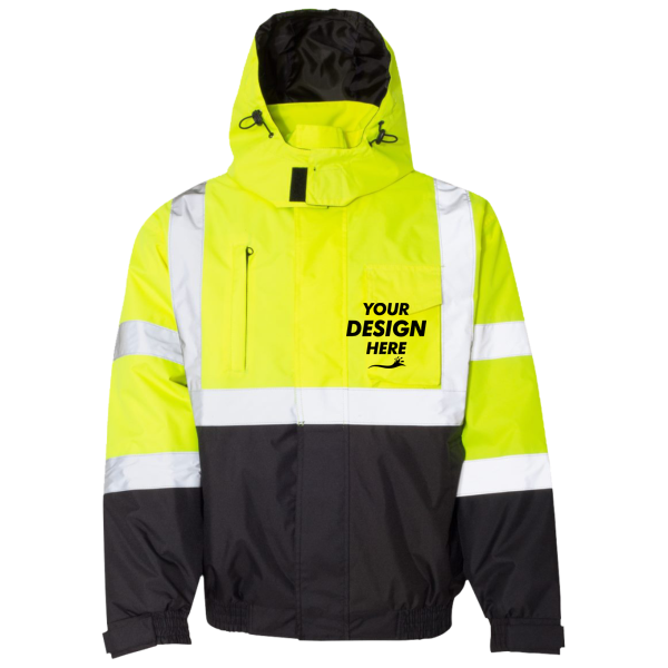 Kishigo Unisex Economy Bomber Jacket, Lime, Front view, Mockup