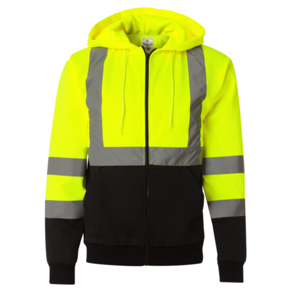 Kishigo Unisex Hi-Vis Full-Zip Hooded Sweatshirt, Lime, Front view