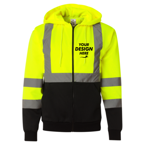 Kishigo Unisex Hi-Vis Full-Zip Hooded Sweatshirt, Lime, Front view, Mockup