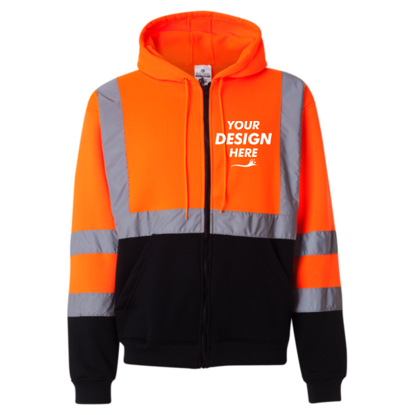 Kishigo Unisex Hi-Vis Full-Zip Hooded Sweatshirt, Orange, Front view, Mockup