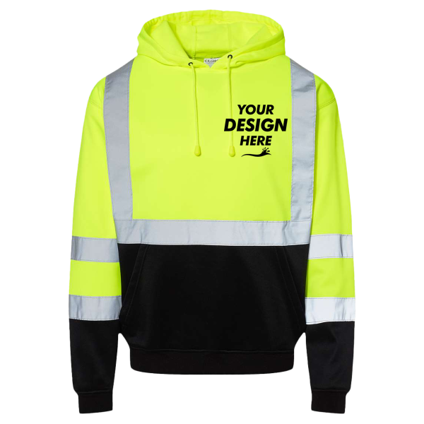 Kishigo Unisex Hi-Vis Hooded Sweatshirt, Lime, Front view, Mockup