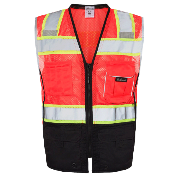 Kishigo Unisex Premium Black Series® Black Bottom Class 2 Vest, Fluorescent Red (1715), Front view